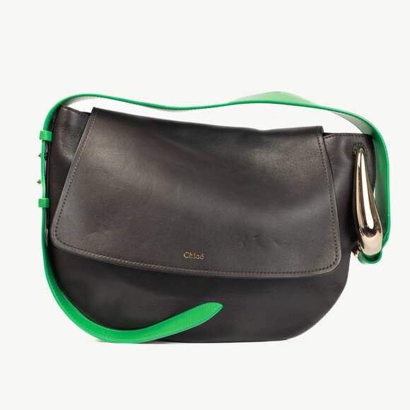 Chloe Kiss Off Brown Leather Green-Strap Shoulder Bag - Picture 2 of 12
